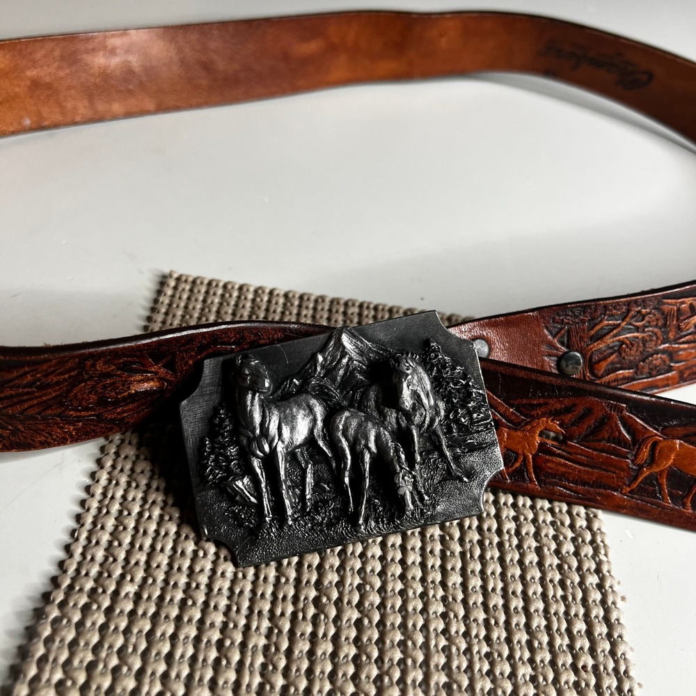 Chambers Phoenix AZ Leather Belt Siskiyou Horse Buckle 1988 Brown Western 40/100